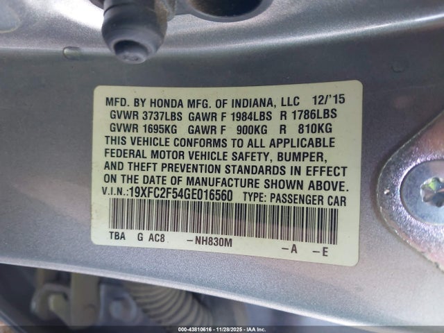 Aukcja sprzedaży 2016 Honda Civic Lx, vin: 19XFC2F54GE016560, numer aukcji: 43810616
