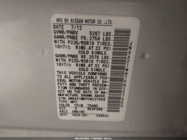 2012 NISSAN MURANO JN8AZ1MW7CW237959 Photo 8