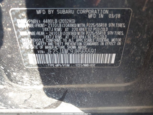 2018 Subaru Forester 2.5i Touring მანქანა იყიდება აუქციონზე, vin: JF2SJAWC9JH565591, აუქციონის ნომერი: 43810663