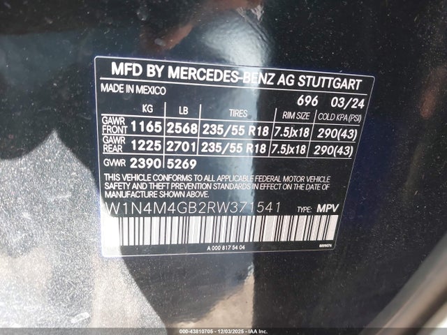 43810705 :رقم المزاد ، W1N4M4GB2RW371541 vin ، 2024 Mercedes-benz Glb 250 مزاد بيع