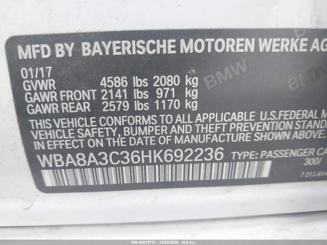 2017 Bmw 320i Xdrive მანქანა იყიდება აუქციონზე, vin: WBA8A3C36HK692236, აუქციონის ნომერი: 43810731
