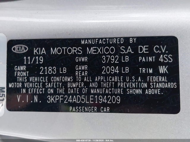 Aukcja sprzedaży 2020 Kia Forte Lxs, vin: 3KPF24AD5LE194209, numer aukcji: 43810739