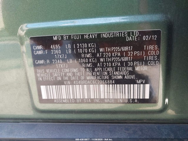 43810877 :رقم المزاد ، 4S4BRDAC6C2266884 vin ، 2012 Subaru Outback 3.6r مزاد بيع