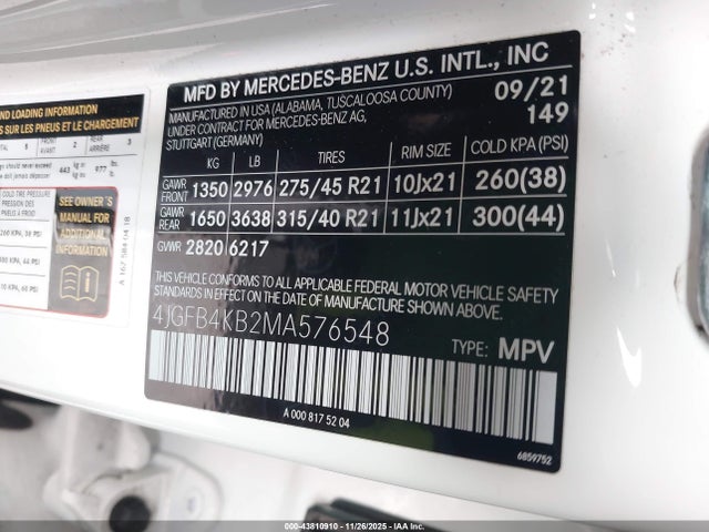 43810910 :رقم المزاد ، 4JGFB4KB2MA576548 vin ، 2021 Mercedes-benz Gle 350 4matic مزاد بيع