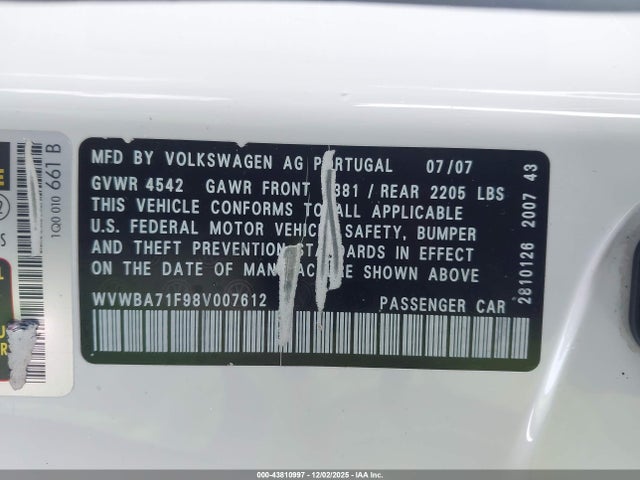 2008 Volkswagen Eos Komfort/turbo მანქანა იყიდება აუქციონზე, vin: WVWBA71F98V007612, აუქციონის ნომერი: 43810997