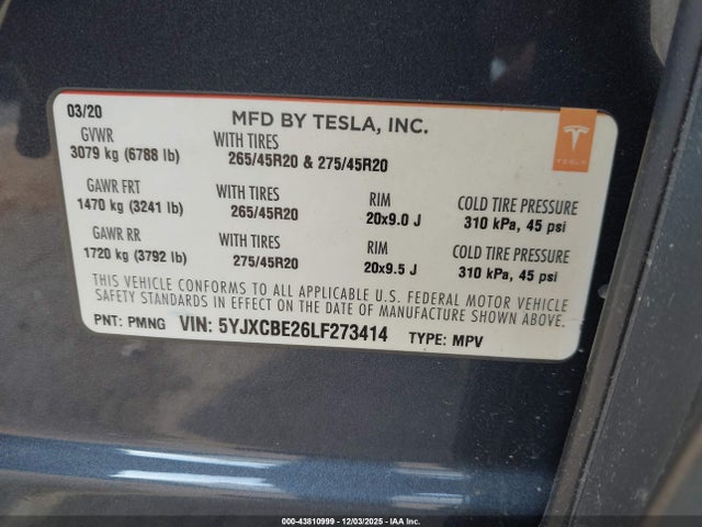 2020 TESLA MODEL X 5YJXCBE26LF273414 Photo 8