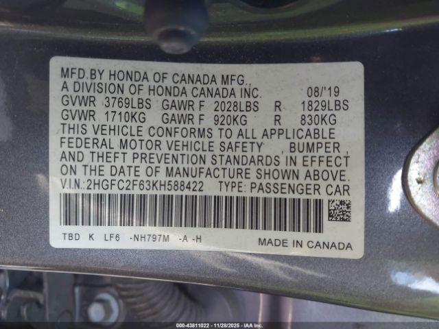 2019 HONDA CIVIC 2HGFC2F63KH588422 Photo 8