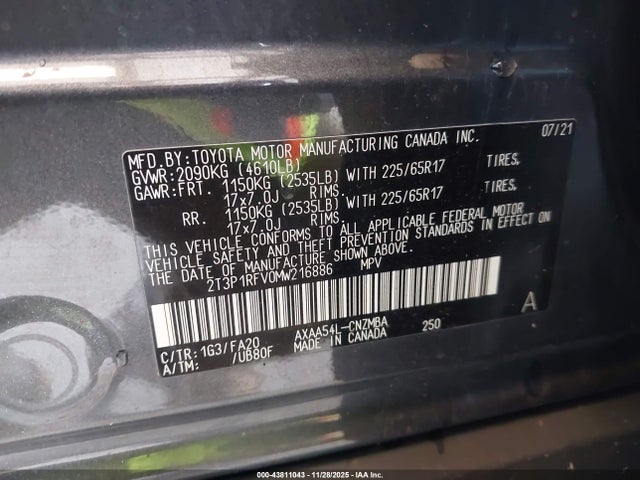 2T3P1RFV0MW216886 Toyota Rav4 Xle