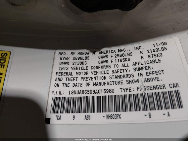 2009 ACURA TL 19UUA86509A015980 Photo 8