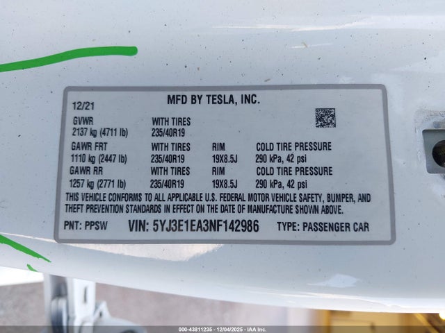 2022 TESLA MODEL 3 5YJ3E1EA3NF142986 Photo 8
