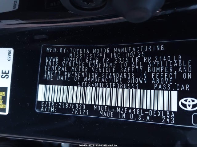 43811276 :رقم المزاد ، 5YFB4MDE5TP368551 vin ، 2026 Toyota Corolla Le مزاد بيع