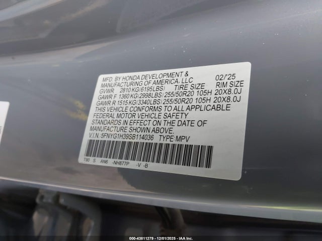 5FNYG1H39SB114036 Honda Pilot Sport