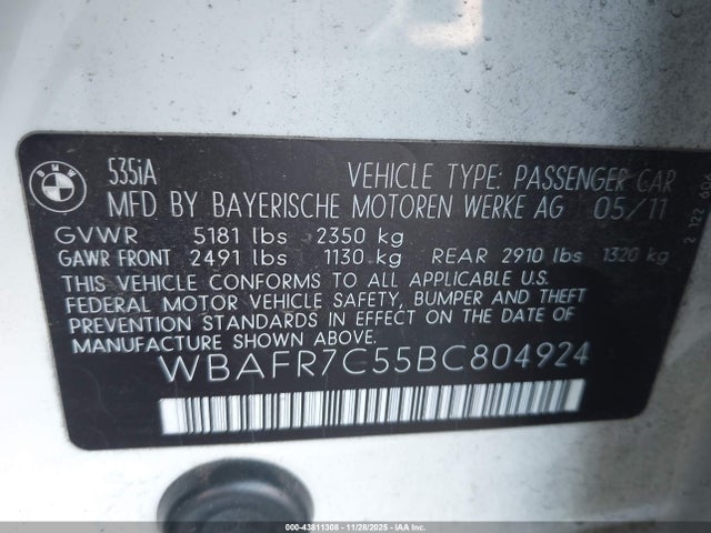 2011 Bmw 535i მანქანა იყიდება აუქციონზე, vin: WBAFR7C55BC804924, აუქციონის ნომერი: 43811308