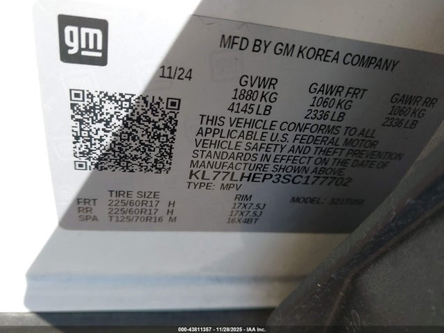 KL77LHEP3SC177702 Chevrolet Trax Fwd Lt