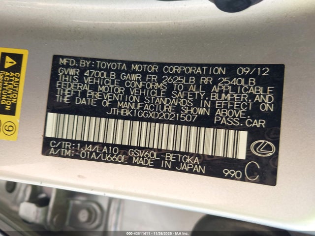 Продаж на аукціоні авто 2013 Lexus Es 350, vin: JTHBK1GGXD2021507, номер лоту: 43811411