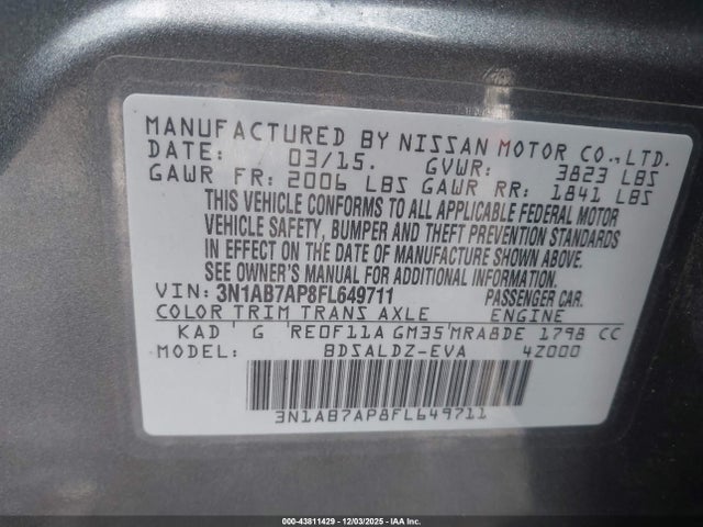 Продаж на аукціоні авто 2015 Nissan Sentra Fe+ S/s/sl/sr/sv, vin: 3N1AB7AP8FL649711, номер лоту: 43811429