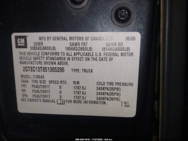 Продаж на аукціоні авто 2005 Gmc Sierra 1500 Sle, vin: 2GTEC13T851365286, номер лоту: 43811616