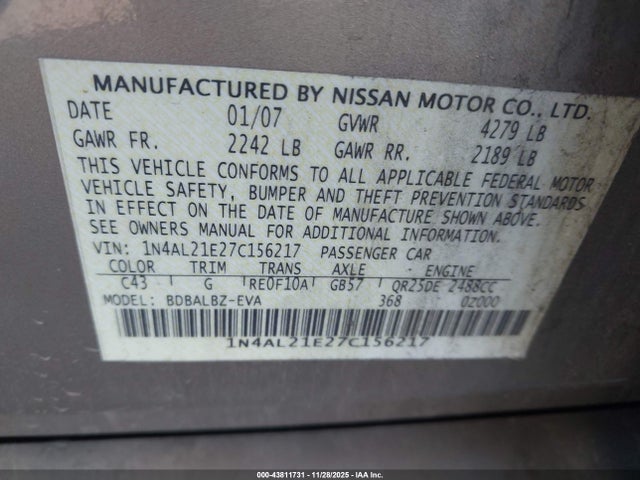 43811731 :رقم المزاد ، 1N4AL21E27C156217 vin ، 2007 Nissan Altima 2.5 S مزاد بيع