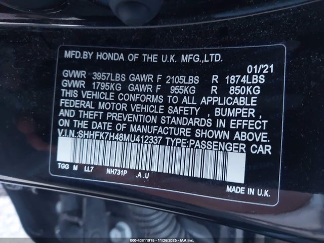 SHHFK7H48MU412337 Honda Civic Sport