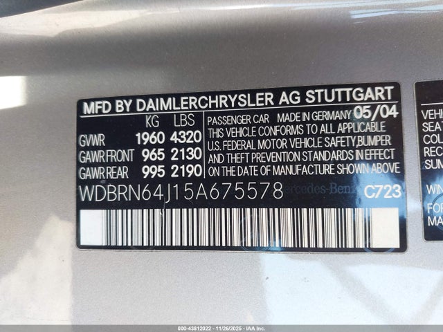 43812022 :رقم المزاد ، WDBRN64J15A675578 vin ، 2005 Mercedes-benz C 320 Sport مزاد بيع