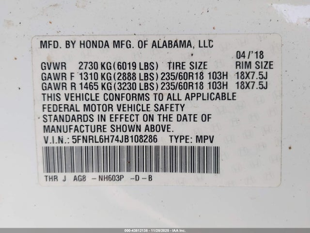 5FNRL6H74JB108286 Honda Odyssey Ex-l