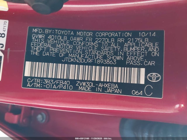 Toyota 2zr-fxe+3jm 2015 JTDKN3DU9F1893863 Image 9