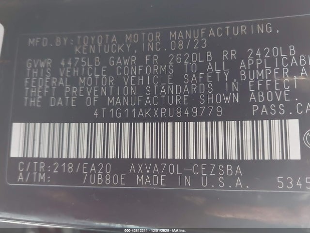 4T1G11AKXRU849779 Toyota CAMRY SE