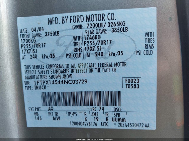 Продаж на аукціоні авто 2004 Ford F-150 Fx4/lariat/xl/xlt, vin: 1FTPX14544NC03729, номер лоту: 43812322