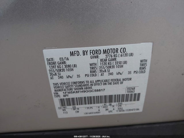 1FM5K8FH9GGC58817 Ford Explorer Limited