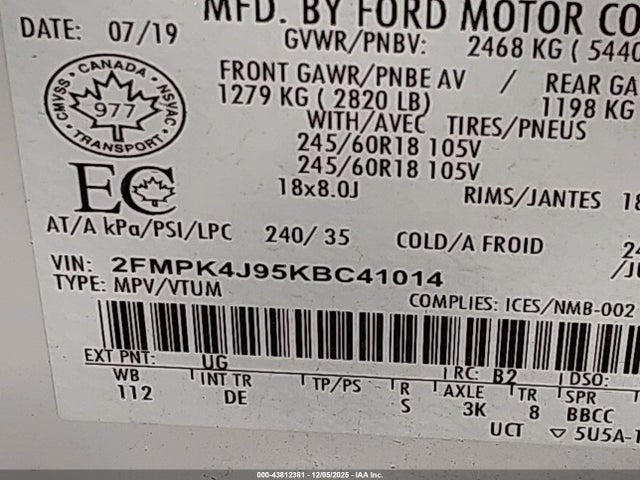 Ford EDGE SEL 2019 2FMPK4J95KBC41014 Image 9