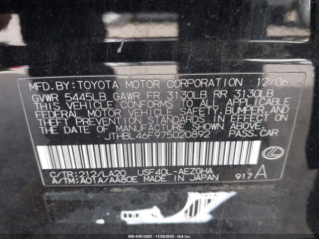 2007 LEXUS LS 460 JTHBL46F975020892 Photo 8