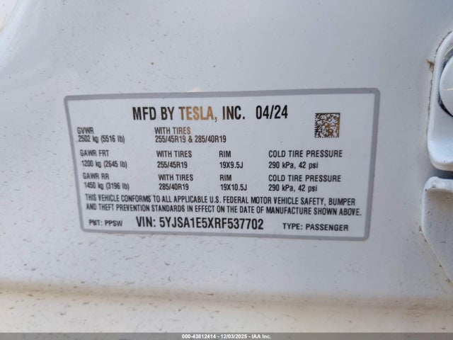2024 TESLA MODEL S 5YJSA1E5XRF537702 Photo 8