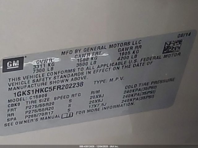 2015 GMC YUKON XL 1500 1GKS1HKC5FR202238 Photo 8