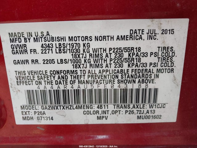 Продаж на аукціоні авто 2015 Mitsubishi Outlander Sport Se, vin: 4A4AR4AU5FE043188, номер лоту: 43812642