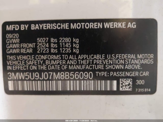 Aukcja sprzedaży 2021 Bmw 3 Series M340i Xdrive, vin: 3MW5U9J07M8B56090, numer aukcji: 43812689