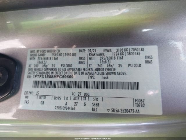 2021 FORD F-150 1FTFX1E88MFC59669 Photo 8