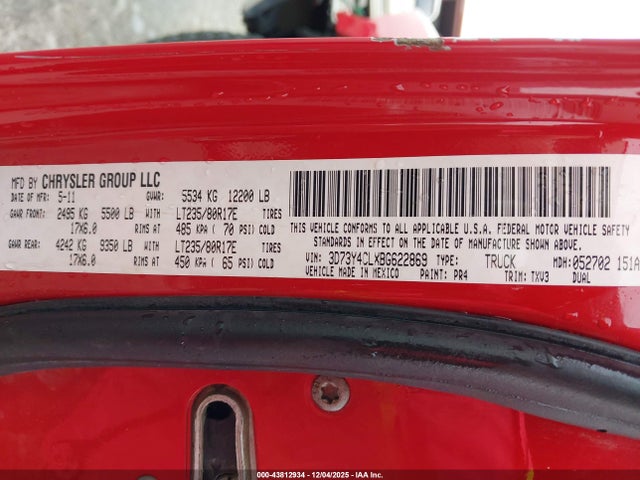 Продажа на аукционе авто 2011 Ram Ram 3500 St, vin: 3D73Y4CLXBG622869, номер лота: 43812934