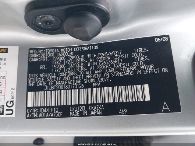 43813022 :رقم المزاد ، JTJBT20X180170126 vin ، 2008 Lexus Gx 470 مزاد بيع