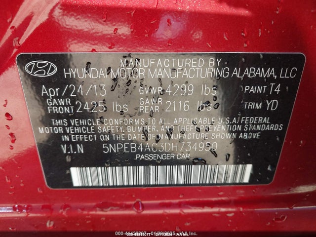 43813077 :رقم المزاد ، 5NPEB4AC3DH734950 vin ، 2013 Hyundai Sonata Gls مزاد بيع
