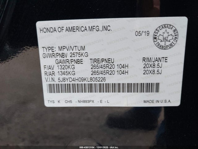 43813104 :رقم المزاد ، 5J8YD4H09KL805226 vin ، 2019 Acura Mdx Tech   A-spec Pkgs مزاد بيع