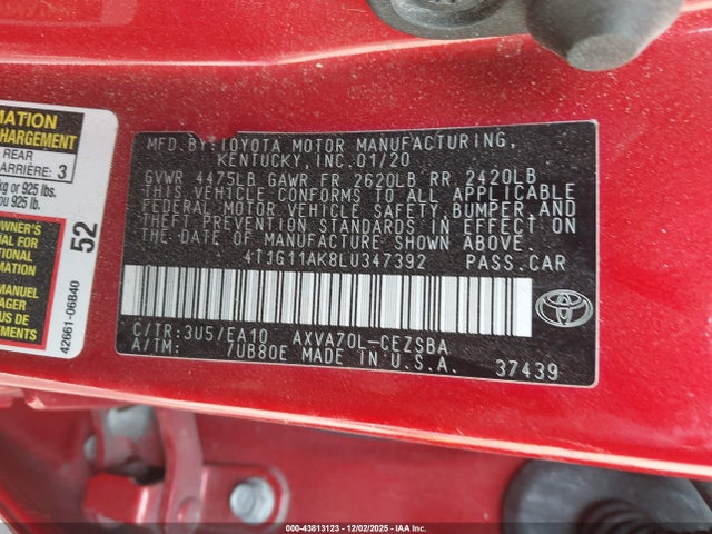 Продаж на аукціоні авто 2020 Toyota Camry Se/se Night Shade, vin: 4T1G11AK8LU347392, номер лоту: 43813123