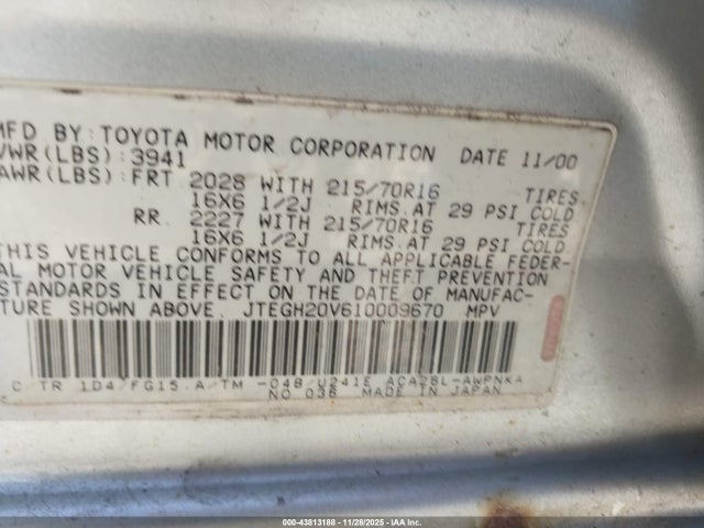 Продаж на аукціоні авто 2001 Toyota Rav4, vin: JTEGH20V610009670, номер лоту: 43813188