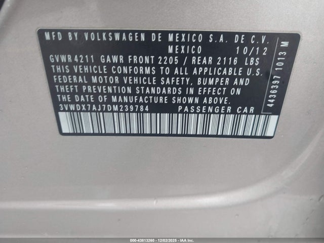 Aukcja sprzedaży 2013 Volkswagen Jetta 2.5l Se, vin: 3VWDX7AJ7DM239784, numer aukcji: 43813260
