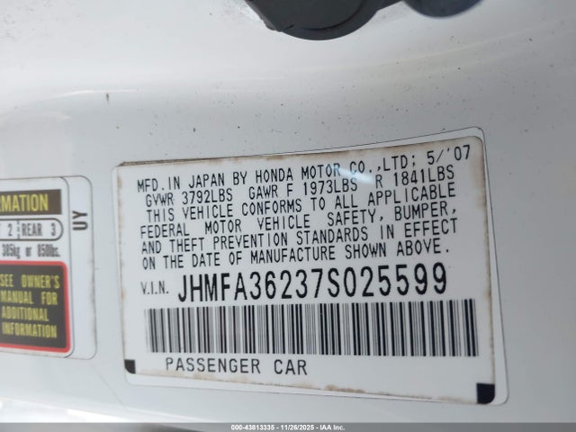 Aukcja sprzedaży 2007 Honda Civic Hybrid, vin: JHMFA36237S025599, numer aukcji: 43813335