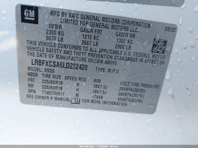 Aukcja sprzedaży 2020 Buick Envision Fwd Essence, vin: LRBFXCSA6LD232420, numer aukcji: 43813403