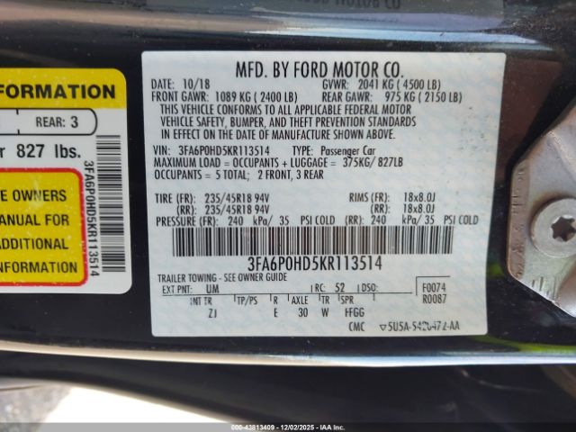 2019 FORD FUSION 3FA6P0HD5KR113514 Photo 8