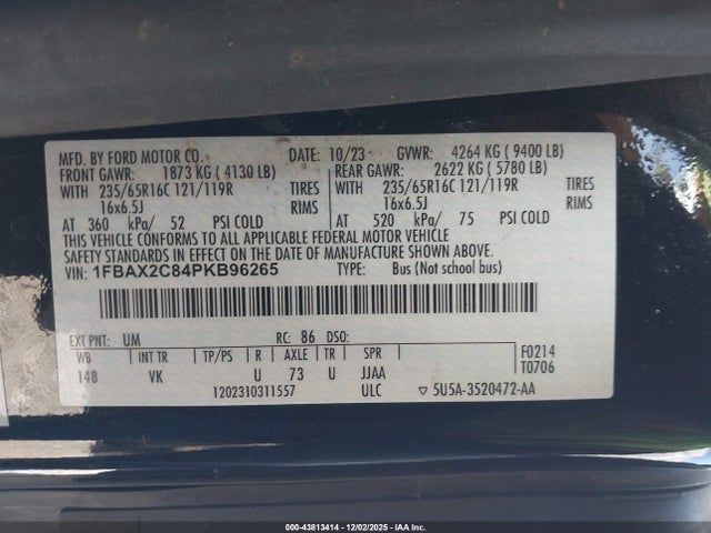 Aukcja sprzedaży 2024 Ford Van, vin: 1FBAX2C84PKB96265, numer aukcji: 43813414