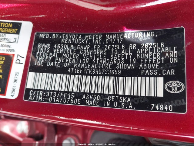 Продажа на аукционе авто 2017 Toyota Camry Se, vin: 4T1BF1FK8HU733659, номер лота: 43813426