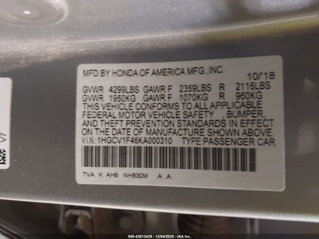 2019 HONDA ACCORD 1HGCV1F46KA000310 Photo 8