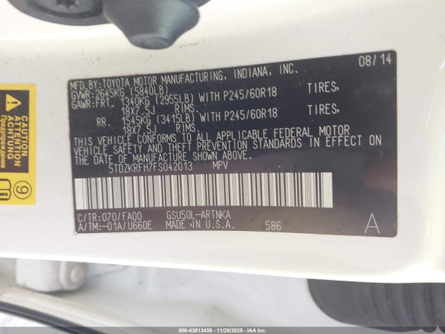 Aukcja sprzedaży 2015 Toyota Highlander Le Plus V6, vin: 5TDZKRFH7FS042013, numer aukcji: 43813439